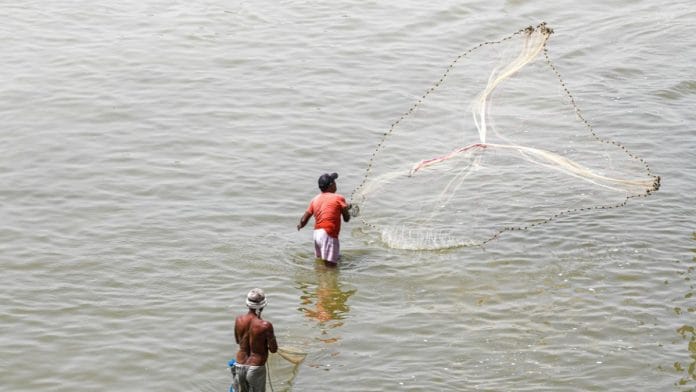 A fisherman casts a net to catch fish in the Yamuna river | ANI
