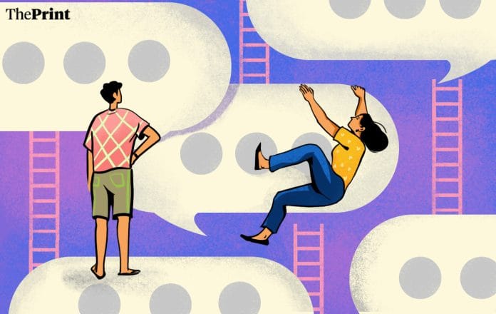 A woman hangs from a speech bubble while a man looks on, representing the talking stage on dating apps.