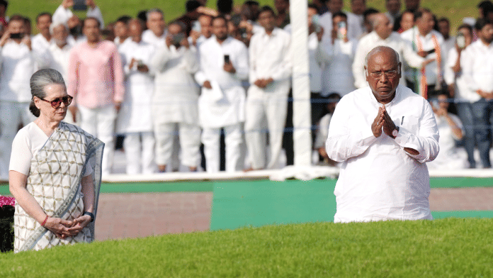 Congress leaders Sonia Gandhi and Mallikarjun Kharge pay respects to Pt nehru on his death anniversary at Shantivan in New Delhi | PTI