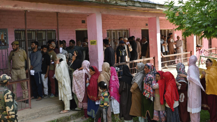 Voters gather in a queue at a polling station in J&K | X/@ceo_UTJK