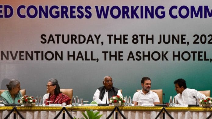 (L-R) Ambika Soni, Sonia Gandhi, Mallikarjun Kharge, Rahul Gandhi and KC Venugopal at CWC meeting in Delhi, Saturday | Suraj Singh Bisht | ThePrint
