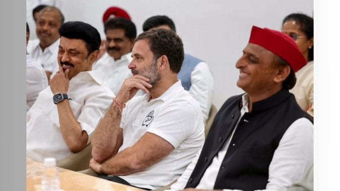 Congress leader Rahul Gandhi, Samajwadi Party President Akhilesh Yadav and DMK leader MK Stalin at the INDIA bloc leaders meeting, in New Delhi, Wednesday | PTI Photo