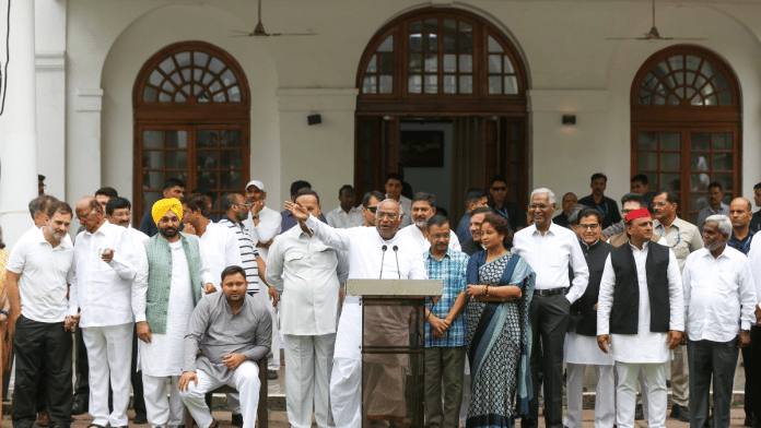 Congress president Mallikarjun kharge addresses the media after I.N.D.I.A alliance meeting in New Delhi, Saturday. ThePrint photo by Suraj Singh Bisht