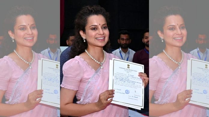 BJP candidate Kangana Ranaut receives the winning certificate after her victory from the Mandi seat in the Lok Sabha elections, in Mandi on 4 June | ANI