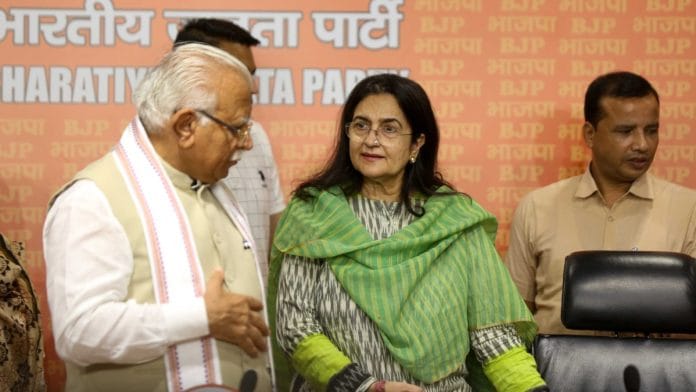 Kiran Choudhry with Manohar Lal Khattar at BJP office in Delhi, in June | Suraj Singh Bisht | ThePrint