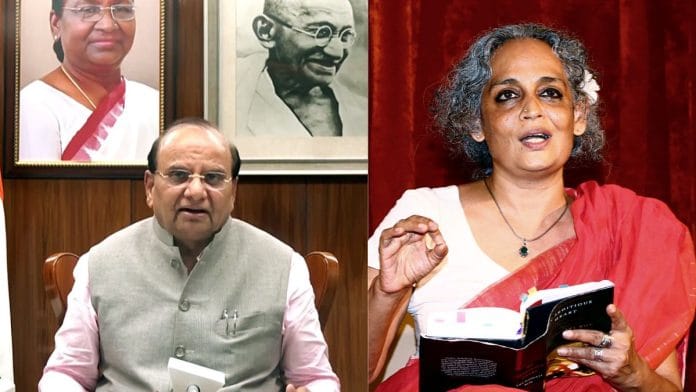 Delhi Lieutenant Governor VK Saxenaa and author Arundhati Roy | File Photos: ANI