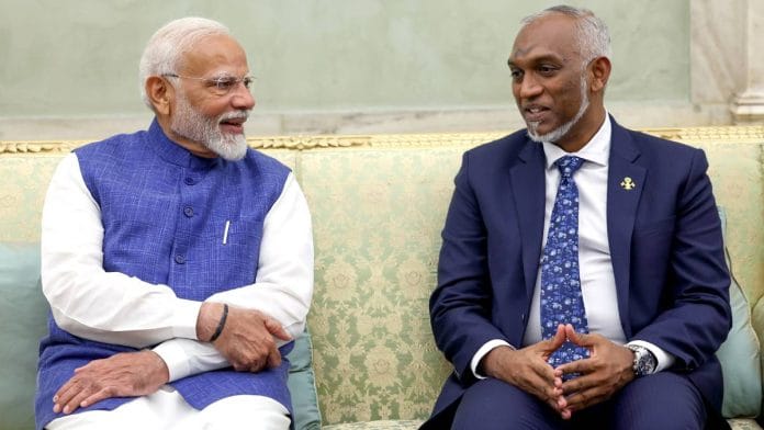 Prime Minister Narendra Modi with Maldives President Mohamed Muizzu after his oath-taking ceremony at Rashtrapati Bhavan Sunday | Photo: ANI