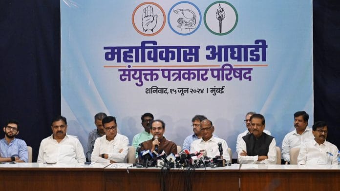 Former Maharashtra CM and Shiv Sena (UBT) chief Uddhav Thackeray, NCP (Sharadchandra Pawar) chief Sharad Pawar, Congress leader Prithviraj Chavan and others address a joint press conference in Mumbai | Photo: ANI