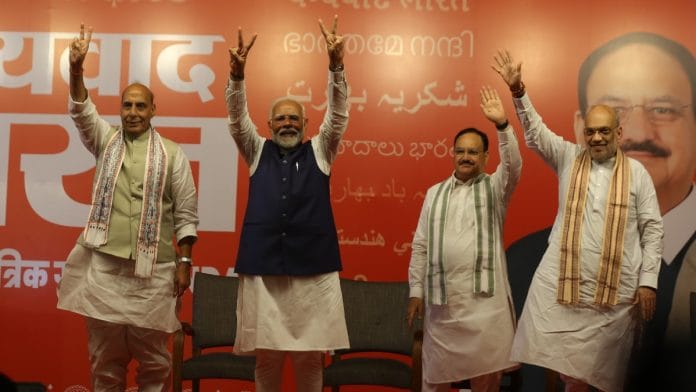 Prime Minister Narendra and other senior BJP leaders at the party headquarters in Delhi Tuesday | Suraj Singh Bisht | ThePrint