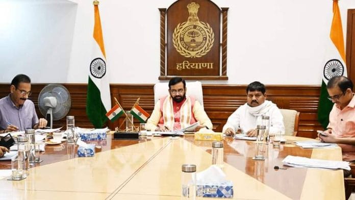 Haryana CM Nayab Saini presides over a meeting to review the implementation of government schemes | Photo: X/@NayabSainiBJP