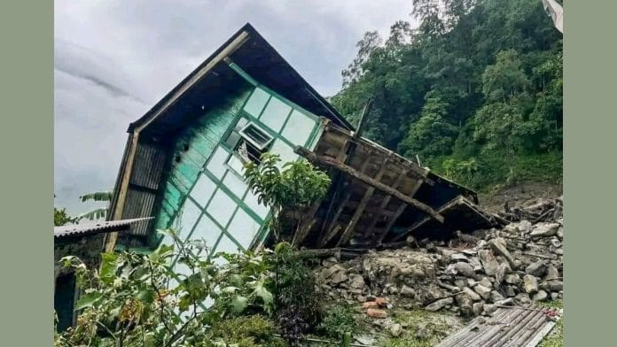 A house damaged due to landslides triggered by incessant rainfall, in North Sikkim on Thursday | PTI