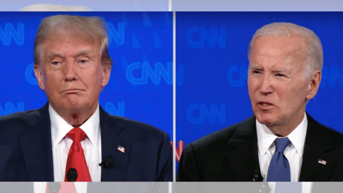 Democrat candidate, U.S. President Joe Biden and Republican candidate, former U.S. President Donald Trump during the 2024 presidential debate | Credit: Screengrab from YouTube/CNN