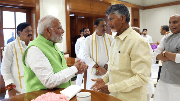 PM Narendra Modi with TDP chief N. Chandrababu Naidu at the NDA meeting in New Delhi | ANI