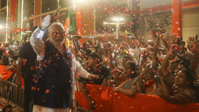 PM Narendra Modi arrives at BJP headquarters in New Delhi on Tuesday | Suraj Singh Bisht | ThePrint