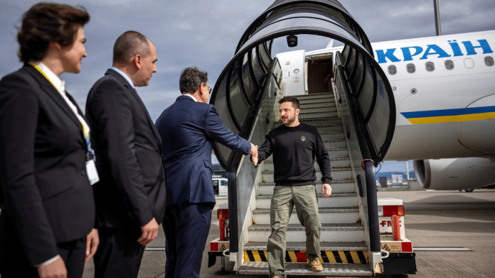 Ukrainian President Volodymyr Zelenskiy is welcomed by Switzerland officials, as he arrives at Zurich airport, 14 June, 2024 to attend the Summit on Peace in Ukraine conference to be held on 15 and 16 June | Representational image | Michael Buholzer/Pool via REUTERS