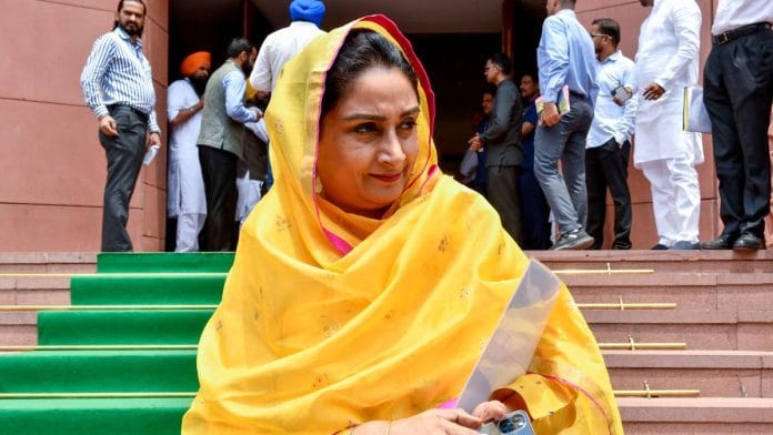 Shiromani Akali Dal MP Harsimrat Kaur Badal at Parliament House in New Delhi Tuesday. | ANI