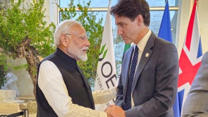Prime Minister Narendra Modi with Prime Minister of Canada Justin Trudeau on the sidelines of the G7 summit, in Apulia, Italy, 14 June, 2024 | PTI