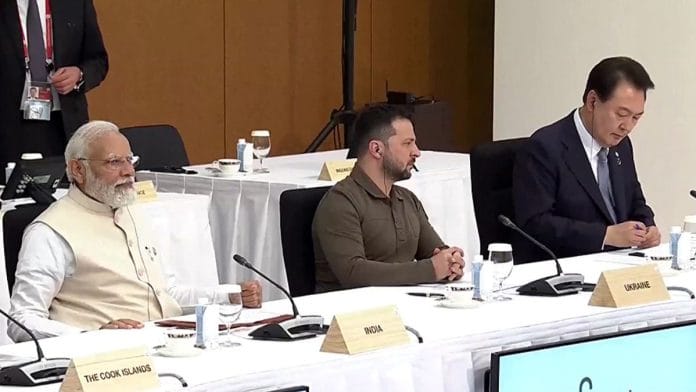 PM Narendra Modi with Volodymyr Zelenskyy attends Working Session 8 at the G7 Summit.