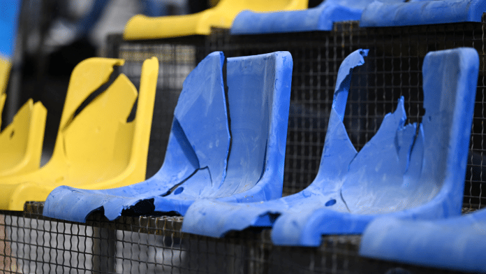 Ukrainian Association of Football presents installation of a Kharkiv's stadium stands at Wittelsbacherplatz ahead of the match between Ukraine and Romania | Reuters/Angelika Warmuth