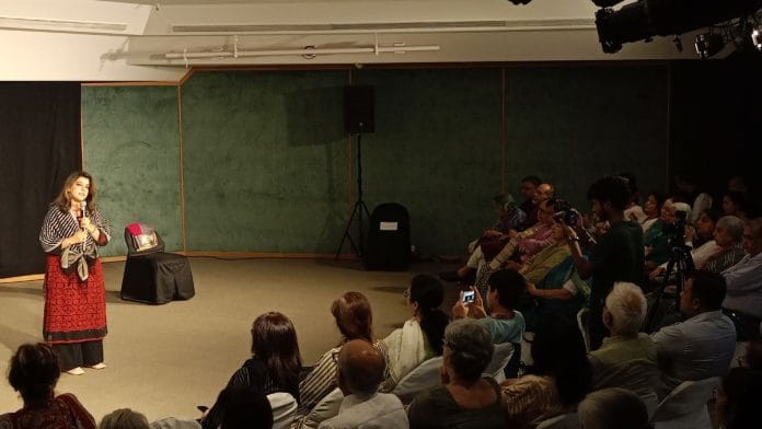 Sahar Zaman, author of Talat Mahmood: The Definitive Biography addresses the audience before the performance | Tina Das, ThePrint