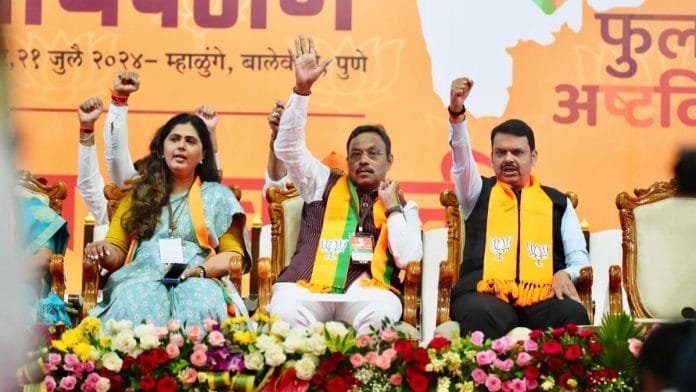 Representational image | BJP leaders Pankaja Munde, Vinod Tawde, and Devendra Fadnavis