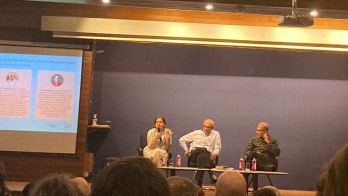 Esther Duflo, KP Krishnan and Abhijit Banerjee at the French embassy in Delhi | Photo: Keshav Padmanabhan