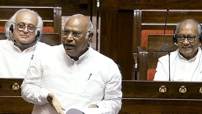 File photo of LoP in Rajya Sabha Mallikarjun Kharge | Photo: ANI/Sansad TV