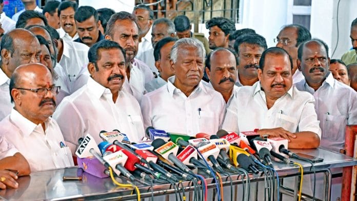 File photo of AIADMK general secretary & LoP Edappadi Palaniswami with senior party leaders | ANI