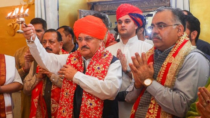 Union Minster and BJP National President J.P. Nadda offers prayers at Raghunath temple, in Jammu, Saturday | PTI Photo