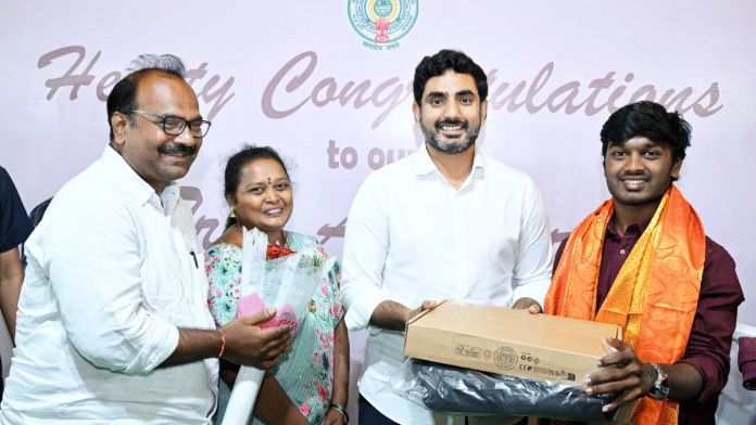 Andhra Pradesh HRD minister Nara Lokesh felicitates engineering aspirant Pruthvi Satyadev in Amaravati on Monday | By Special Arrangement