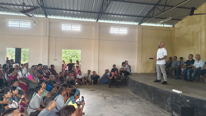 Voice of the People Party (VPP) founder Ardent Miller Basaiawmoit speaks to people at a community hall | Sourav Roy Barman | ThePrint
