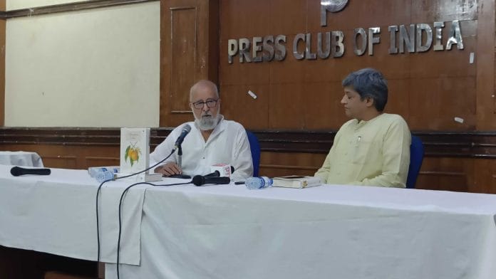 Sopan Joshi (R) in conversation with Sohail Hashmit at the launch of Mangifera Indica, An Aleph Book Company publication | Photo: Krishan Murari, ThePrint