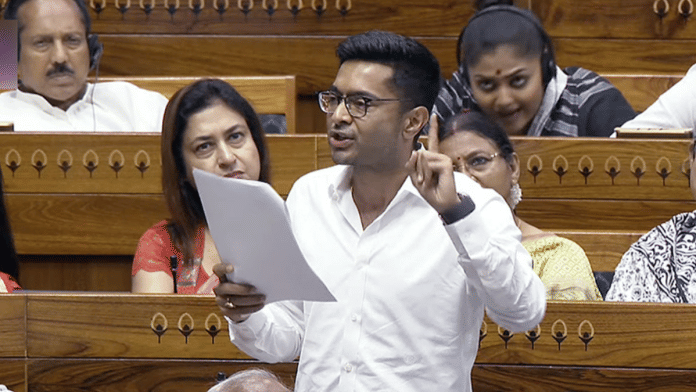TMC MP Abhishek Banerjee speaks in the Lok Sabha during the Monsoon Session of Parliament, in New Delhi on Wednesday | ANI/SansadTV