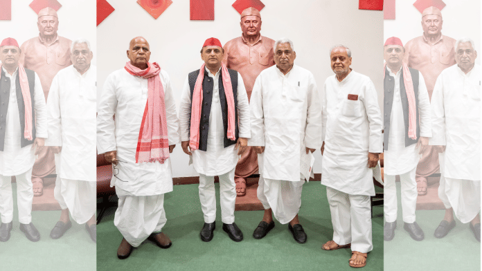 SP chief Akhilesh Yadav with senior leader Mata Prasad Pandey (second from right) at party office in Lucknow | X/@yadavakhilesh