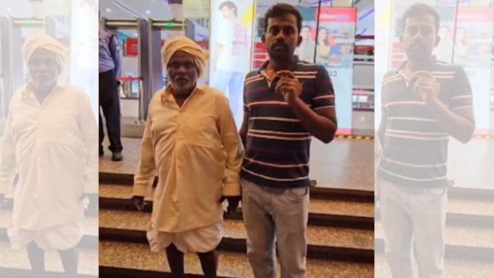 Fakeerappa and his son in front of GT World Mall speaking to the press | X