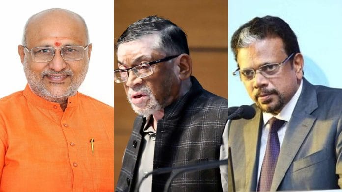 File photos of CP Radhakrishnan, Santosh Gangwar and K Kailashnathan | Wiki Commons, ANI & Twitter/@VibrantGujarat