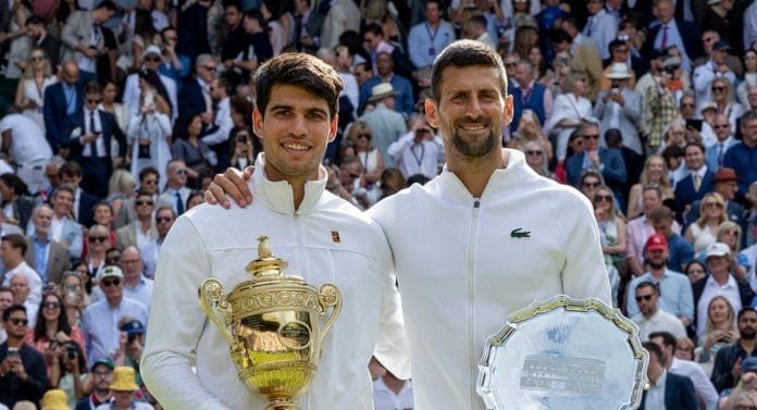 Carlos Alcaraz and Novak Djokovic after the Wimbledon Final 2024