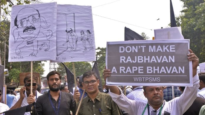 File photo of a protest held in May 2024 against West Bengal Governor CV Ananda Bose over sexual harassment allegations | Photo: ANI