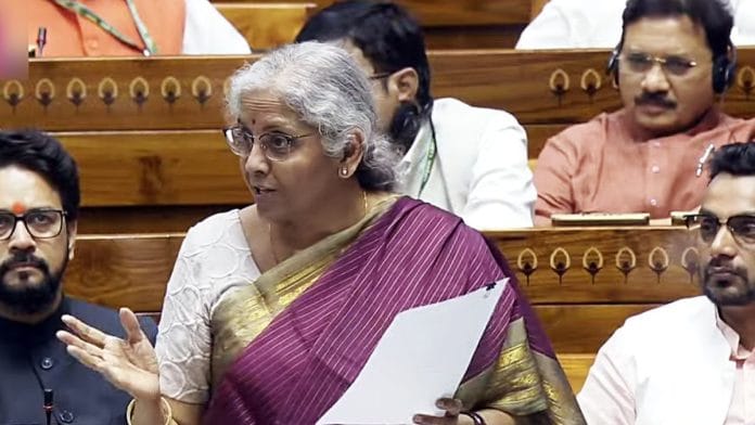 Union Minister of Finance and Corporate Affairs Nirmala Sitharaman speaks in the Lok Sabha during the Monsoon Session of Parliament, in New Delhi on Tuesday. | ANI