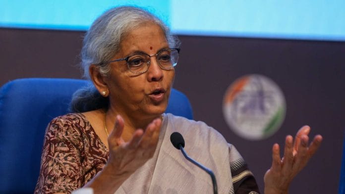 Finance Minister Nirmala Sitharaman speaking at a press conference after the budget presentation | Suraj Singh Bisht | ThePrint