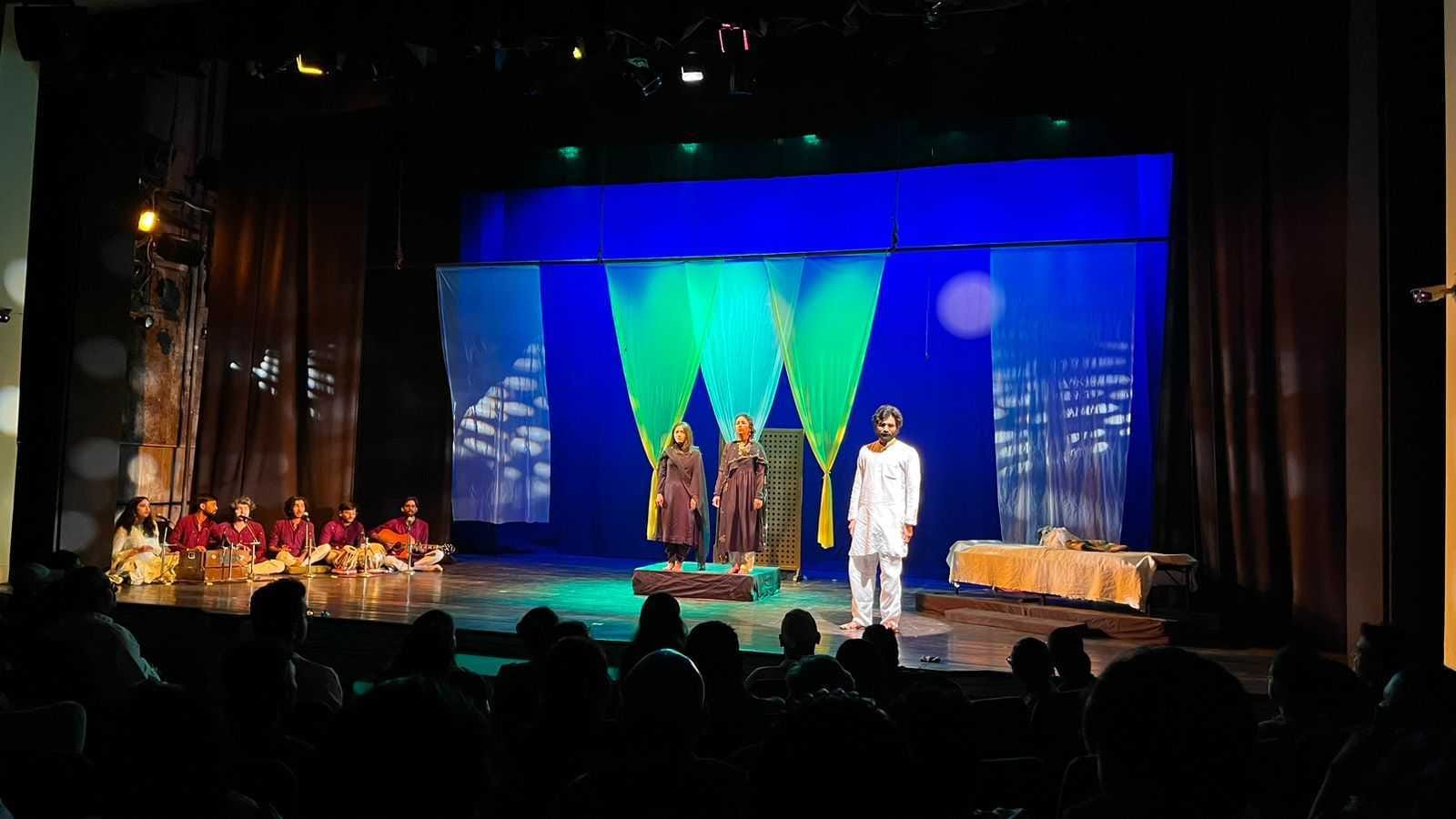 Manto (played by Arjun Singh) standing with two of his characters Sultana and Mukhtar in the last scene | Mrinalini Dhyani | ThePrint