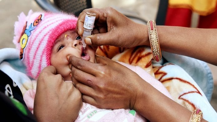 A file photo of a child being administered the polio vaccine orally. | ANI
