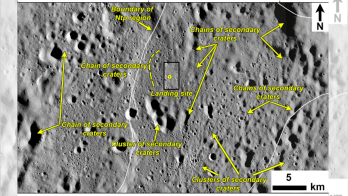 Kaguya terrain camera orthoimage showing the region around Chandrayaan-3 landing site on Moon | Courtesy: Nature