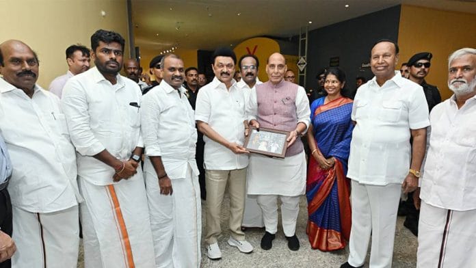 Defence minister Rajnath Singh with Tamil Nadu CM M.K. Stalin at a digital museum on the life of M. Karunanidhi in Chennai Sunday. State BJP chief K. Annamalai and DMK MPs Kanimozhi and T.R. Baalu are also seen | Photo: ANI