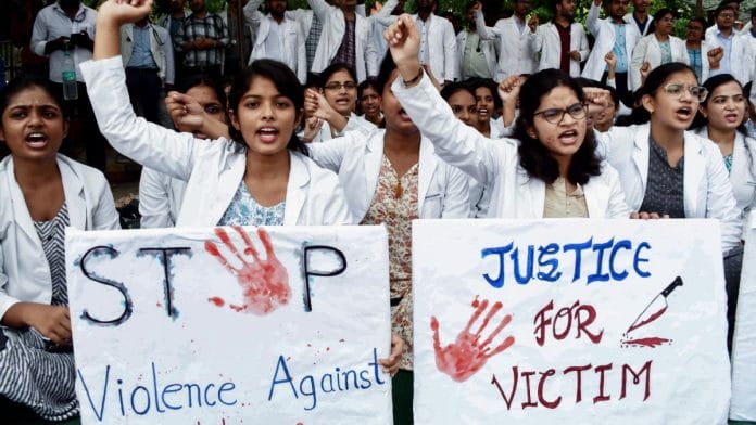 Junior doctors and medical students protest Kolkata rape-murder, in Prayagraj, Tuesday | ANI