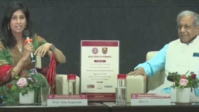 Gita Gopinath, First Deputy Managing Director of the International Monetary Fund, with NK Singh, Fifteenth Finance Commission chairman at the Delhi School of Economics’ Diamond Jubilee function | Photo: YouTube
