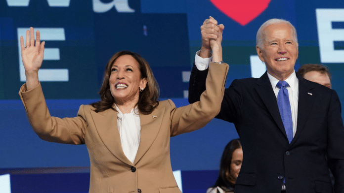 U.S. President Joe Biden and Democratic presidential candidate and U.S. Vice President Kamala Harris reacts onstage at the Democratic National Convention (DNC) in Chicago, Illinois, U.S., 19 August, 2024. Reuters/Kevin Lamarque
