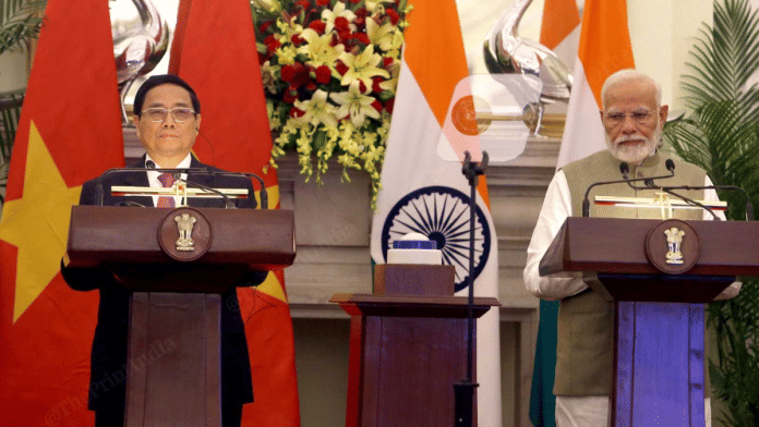 Prime Minister Narendra Modi and Vietnamese premier Pham Minh Chinh at the joint press meet in Hyderabad House, New Delhi on Thursday | Credit: Praveen Jain/ThePrint