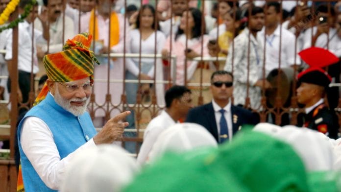 Prime Minister Narendra Modi meets school children during Independence Day celebration at the Red Fort in New Delhi | Praveen Jain | ThePrint