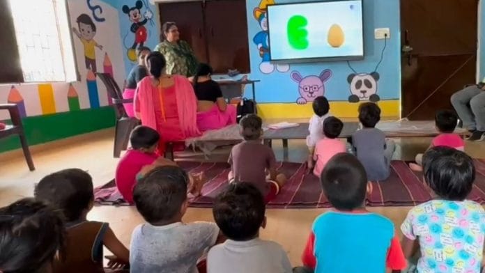 Children learning from a digital board in Ghaziabad Anganwadi | Photo by special arrangement